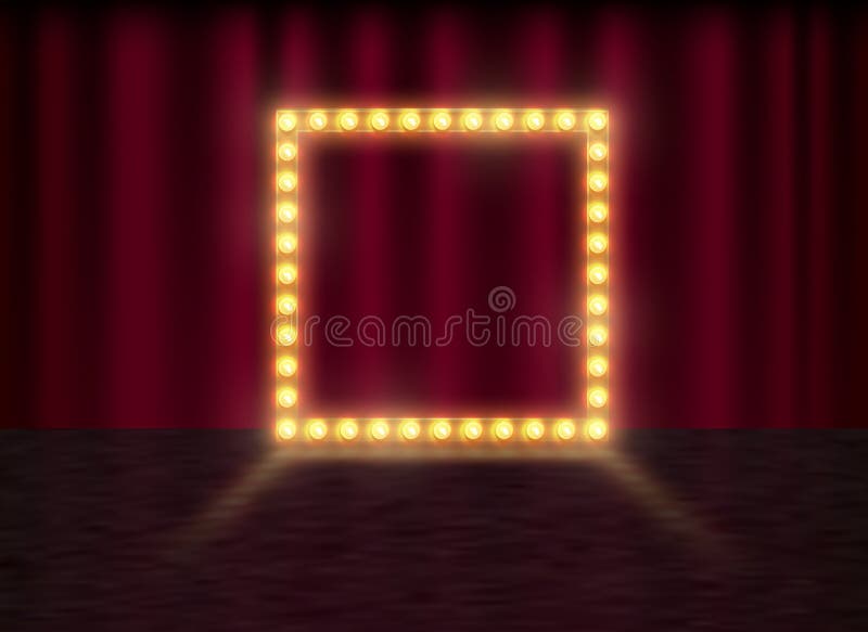 Vierkant kader met gloeiende glanzende gloeilampen, vectorillustratie Glanzende partijbanner op rood gordijnachtergrond en stadiu stock illustratie Vierkant kader met gloeiende glanzende gloeilampen, vectorillustratie Glanzende partijbanner op rood gordijnachtergrond en stadiu stock illustratie