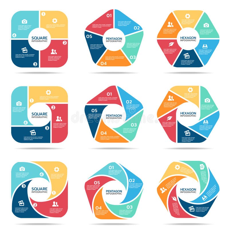 Vierkant pentagoon en hexagon infographic deel vier, deel Vijf en deel zes vector vastgesteld ontwerp stock illustratie Vierkant pentagoon en hexagon infographic deel vier, deel Vijf en deel zes vector vastgesteld ontwerp stock illustratie