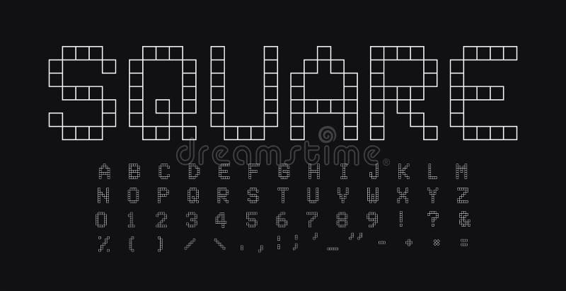 Vierkante geplaatste vormenletters en getallen Geometrisch eenvoudig lineair stijl vector Latijns alfabet Doopvont voor gebeurten vector illustratie Vierkante geplaatste vormenletters en getallen Geometrisch eenvoudig lineair stijl vector Latijns alfabet Doopvont voor gebeurten vector illustratie