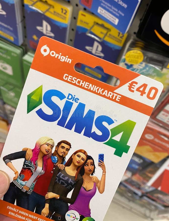 View on Sims 4 gift voucher card hold by hand in german supermarket