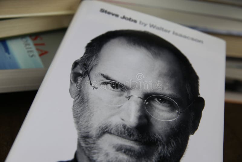 View on isolated biography book cover from author Walter Isaacson about aplle founder Steve Jobs