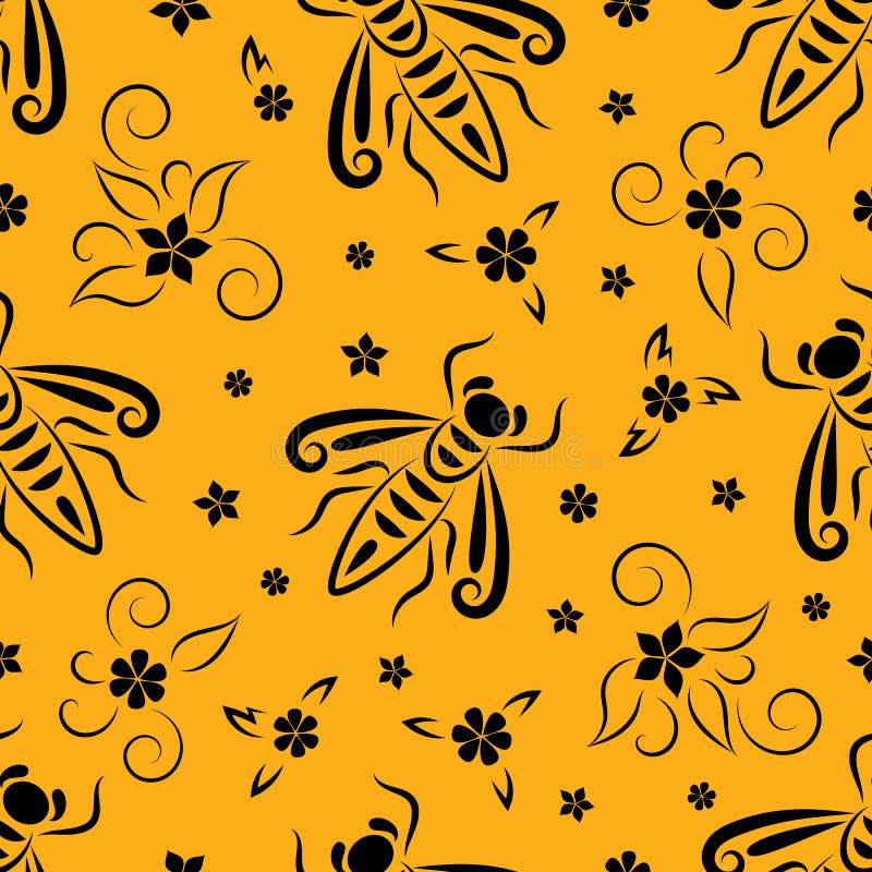 Viespi și flori stilizate cu un model vectorial de linie neagră fără sudură. insecte din pajiște cu textură fără sudură royalty free illustration