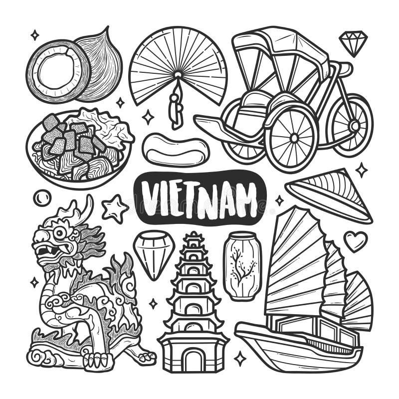 Vietnam Icons Hand Drawn Doodle Coloring Vector Stock Vector