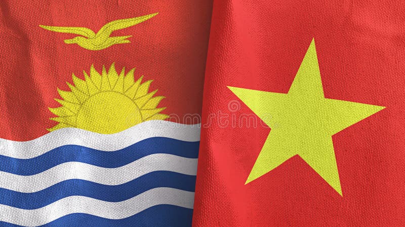 Vietnam och kiribati två flaggor, textilduk 3d-återgivning. Vietnam och kiribati två vikta flaggor tillsammans 3d-rendering
