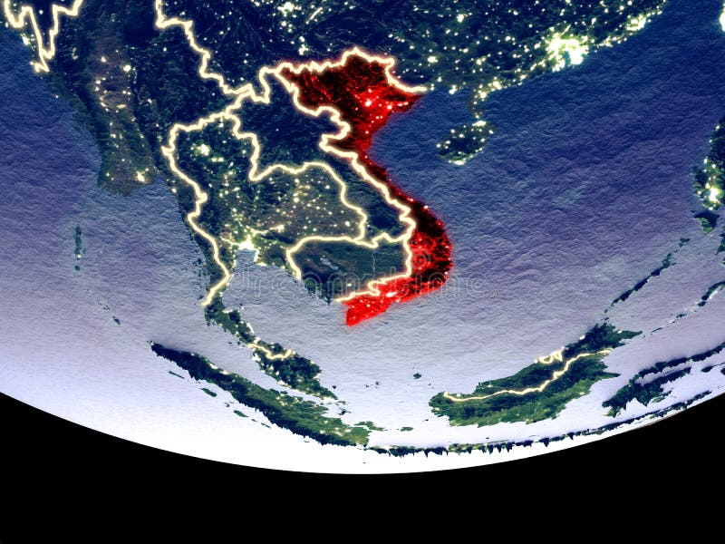 Vietnam på natten från utrymme royaltyfri illustrationer Vietnam på natten från utrymme royaltyfri illustrationer