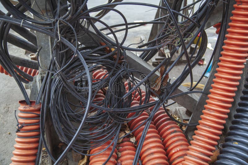Vietnamese Electrical Networks. Electrical Wires on Poles in Hanoi