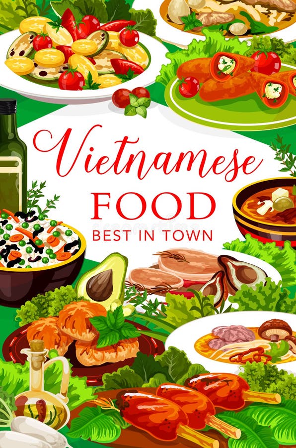 Vietnamese Fish and Meat with Veggies Stock Vector - Illustration of