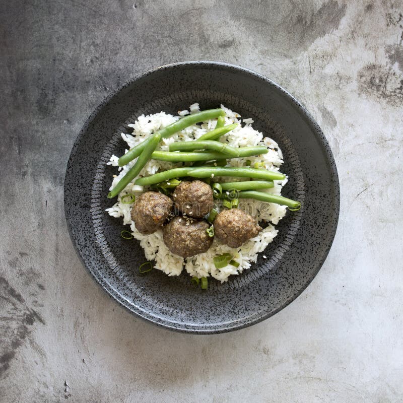 Vietnamese Meatballs with Green Beans and White Rice Stock Image