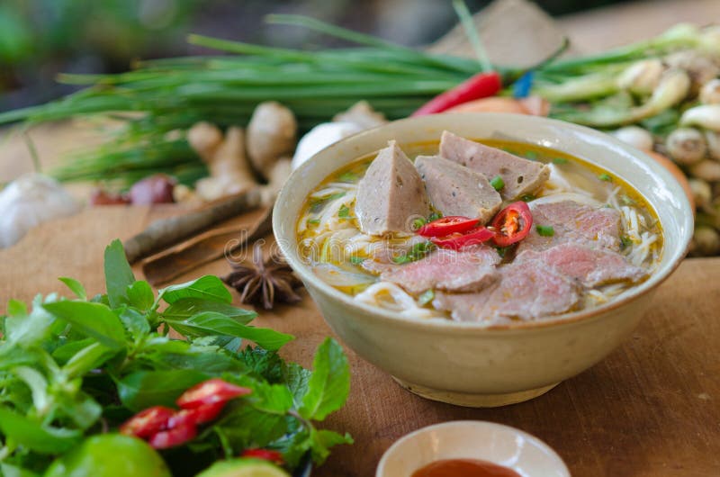 Vietnamese Pho Soup with Beef, Meatball, Fresh Vegetable Stock Image