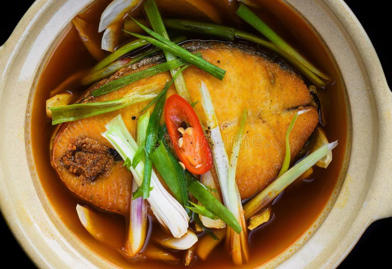 Vietnamese Stewed Sapa Fish in Bouillon Isolated on Black Bacground Top View Stock Image Image