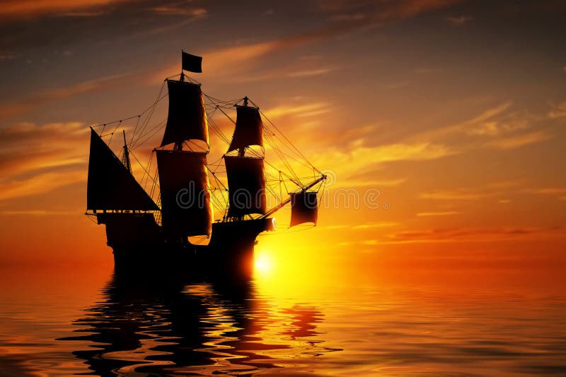 Vieux bateau de pirate antique sur l'océan paisible au coucher du soleil illustration stock Vieux bateau de pirate antique sur l'océan paisible au coucher du soleil illustration stock