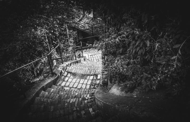 Vieux escaliers en noir et blanc dramatique photo libre de droits Vieux escaliers en noir et blanc dramatique photo libre de droits
