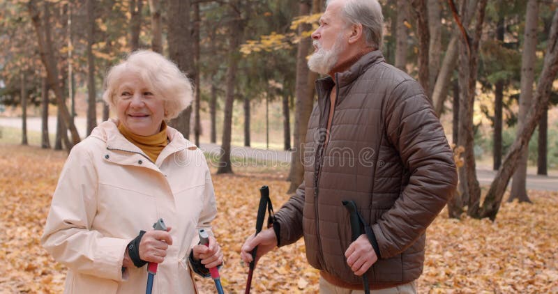 Vieux gai couple actif explorant la forêt pendant les vacances d'automne banque de vidéos