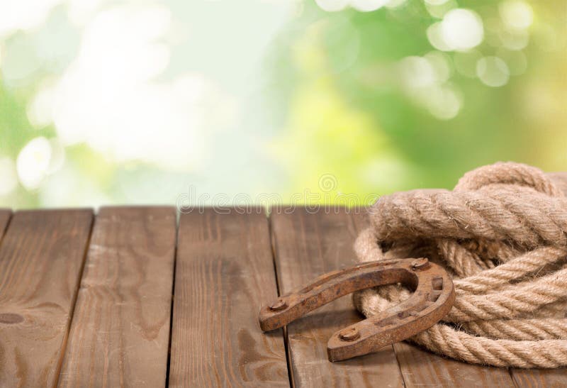 Vieux lasso de fer à cheval et de cowboy sur la table en bois image stock Vieux lasso de fer à cheval et de cowboy sur la table en bois image stock