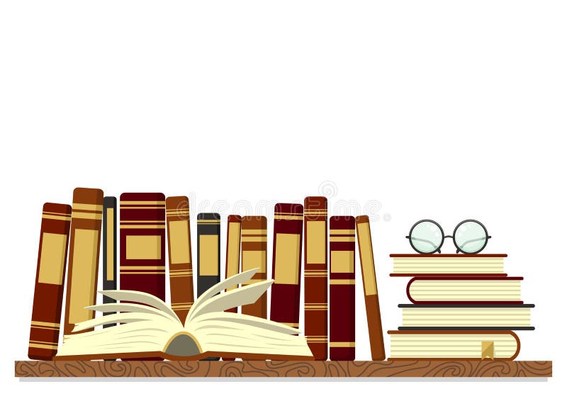 Vieux livres sur l'étagère avec le livre et les verres ouverts sur le fond blanc illustration de vecteur Vieux livres sur l'étagère avec le livre et les verres ouverts sur le fond blanc illustration de vecteur