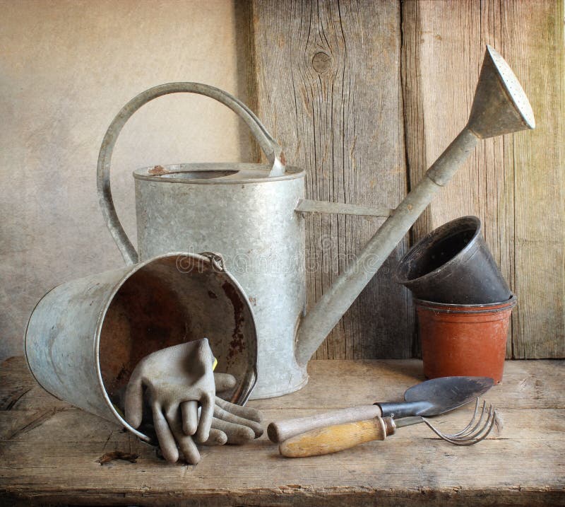 Old metal bucket, watering can with gardening gloves and tools on a wood table. Old metal bucket, watering can with gardening gloves and tools on a wood table