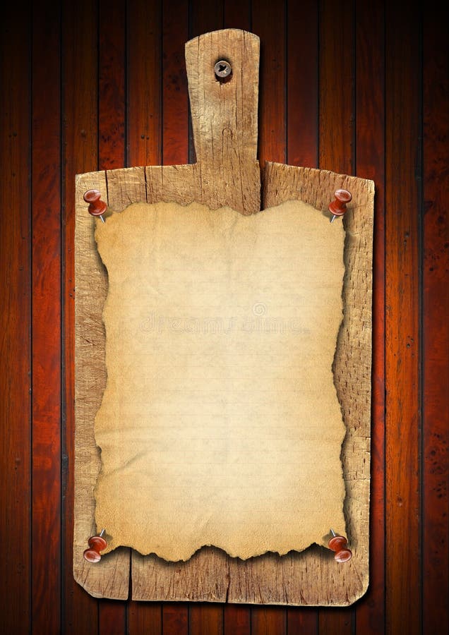 Vieux panneau de découpage de cahier sur le fond en bois images libres de droits Vieux panneau de découpage de cahier sur le fond en bois images libres de droits