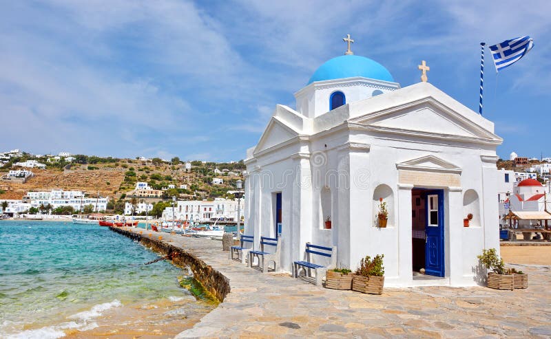 Mykonos island Chora old port and Agios Nikolaos church &#x28;St. Nicholas&#x29;, Cyclades archipelago, Greece. Mykonos island Chora old port and Agios Nikolaos church &#x28;St. Nicholas&#x29;, Cyclades archipelago, Greece.