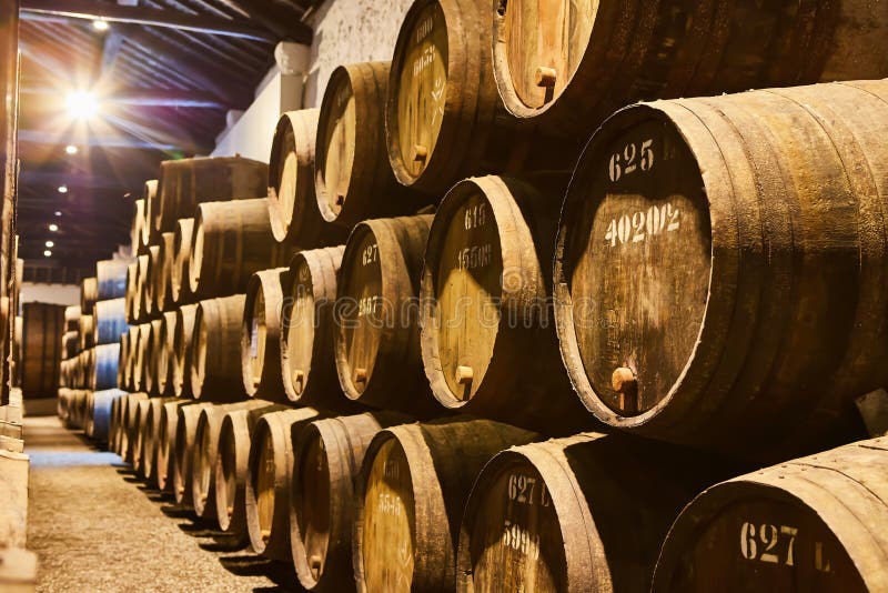 Vieux a vieilli les barils en bois traditionnels avec du vin dans une chambre forte align?e dans la cave fra?che et fonc?e en Ita image stock Vieux a vieilli les barils en bois traditionnels avec du vin dans une chambre forte align?e dans la cave fra?che et fonc?e en Ita image stock