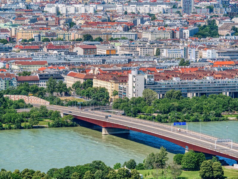 View from Above with Brigittenauer Bridge Over Danube River in Vienna