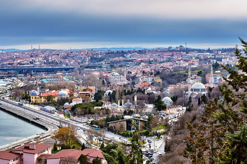 View from above of Eyup Sultan and Fatih districts from Pierre Loti Hill on a cloudy winter day, Istanbul, Turkey.
