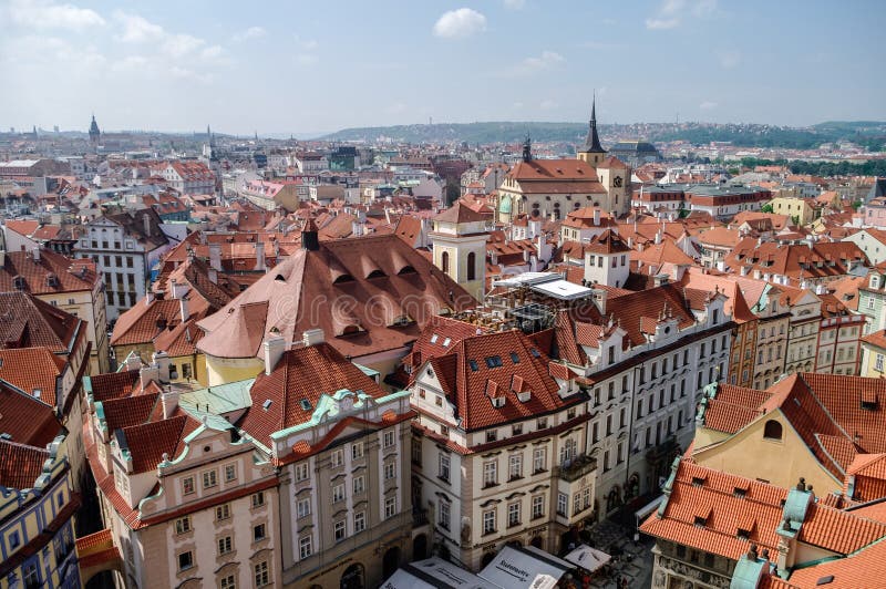 View from above to tiled roofs of old town, panorama of Prague