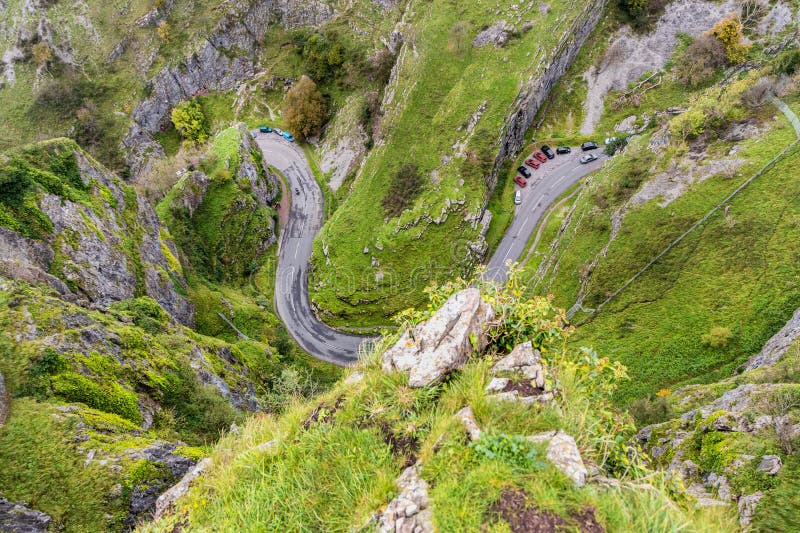 View from above of winding road Cheddar Gorge in Somerset stock image