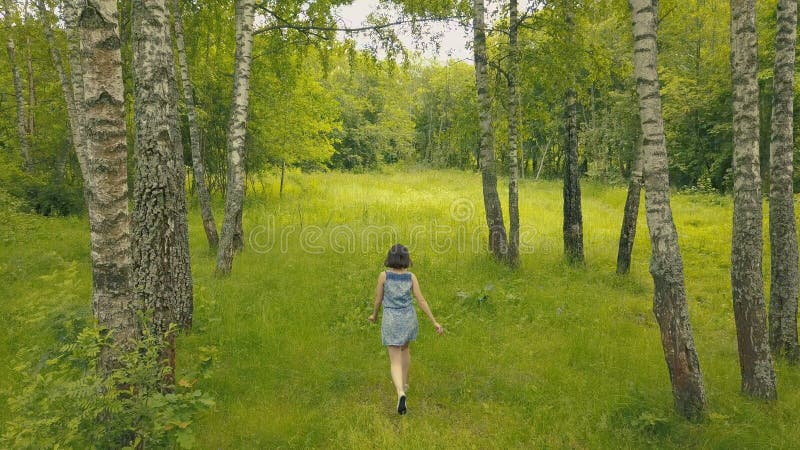 View from above young woman in forest. Smiling girl in birch grove