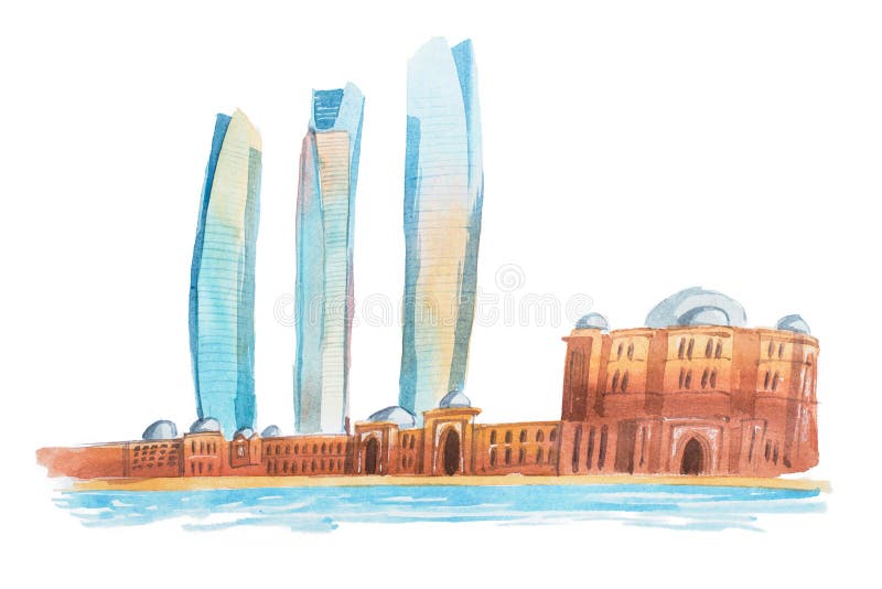 View of Abu Dhabi in the United Arab Emirates waterclor illustration.