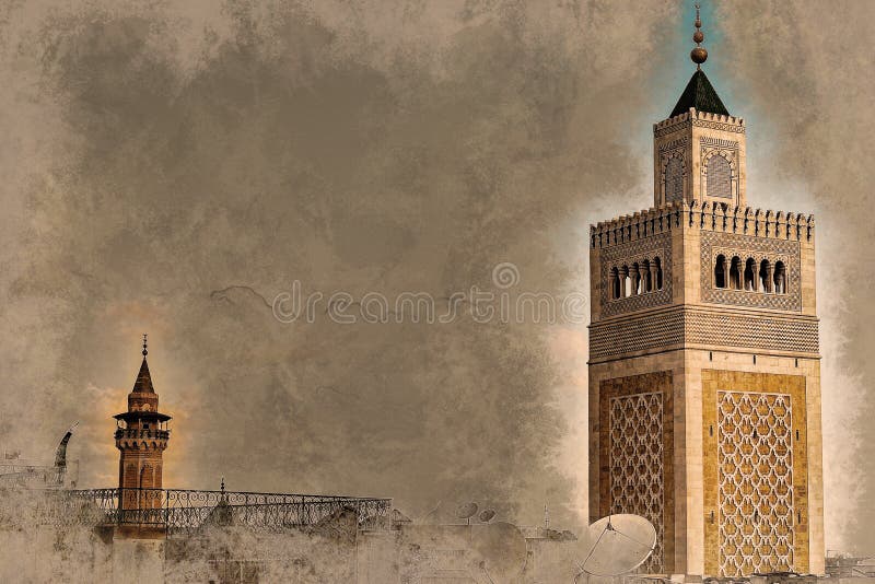 View of the Al-Zaytuna Mosque and the skyline of Tunis at dawn. The mosque is a Landmark of Tunis. Tunisia, North africa.