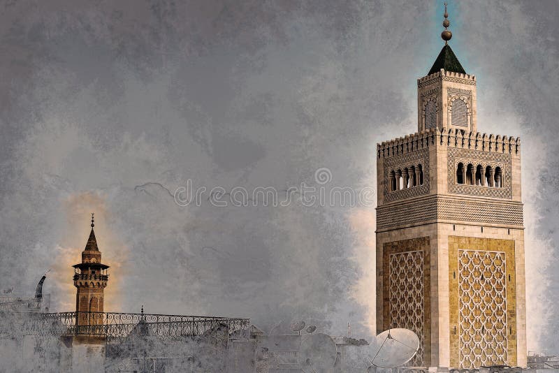 View of the Al-Zaytuna Mosque and the skyline of Tunis at dawn.