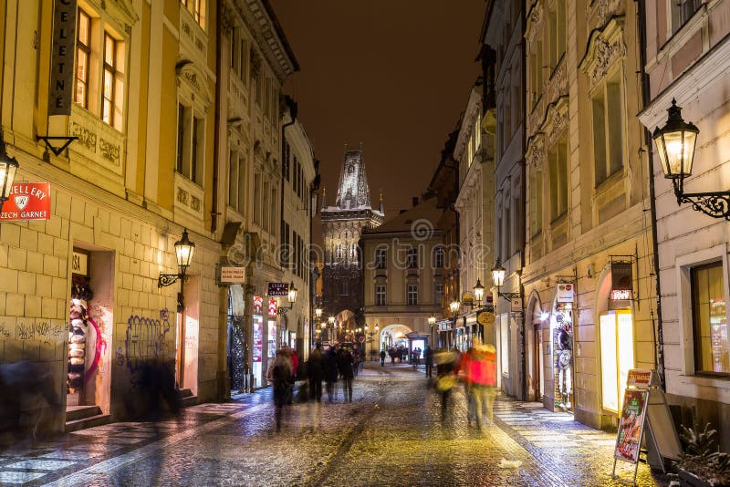 View along Celetna Street in Prague at Night