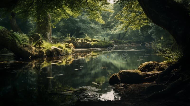 View along a peaceful woodland river with a shallow rocky bed, with green reflections in the still water, peaceful woodland pond