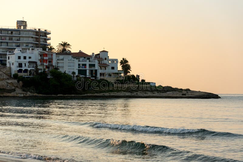 View of Altafulla, Tarragona, Spain. Beach in Summer on the Sunset