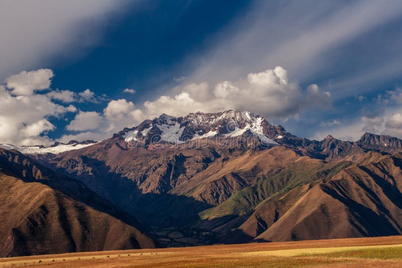 View on the Andes mountains near the Cusco city in Peru. Mountain peak covered with snow