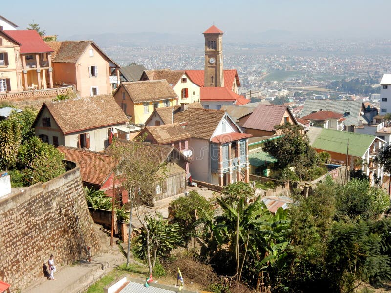 Antananarivo, View from hill with colorful houses, vegetatiew from hill with colorful houses, vegetation and church royalty free stock photography Antananarivo, View from hill with colorful houses, vegetatiew from hill with colorful houses, vegetation and church royalty free stock photography