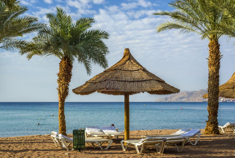 View on the Aqaba gulf from sandy beach of Eilat