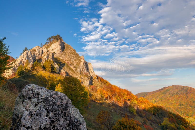 View of autumn landscape with rocky cliffs