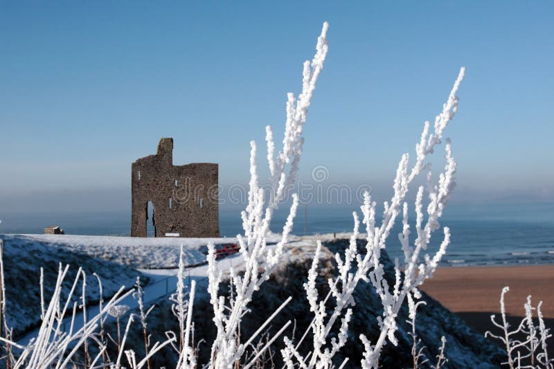 View of ballybunion castle and beach in snow