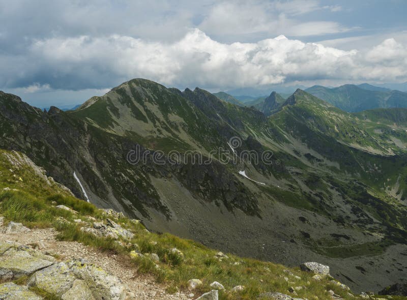 View from Banikov peak on Western Tatra mountains or Rohace panorama. Sharp green mountains - ostry rohac, placlive and