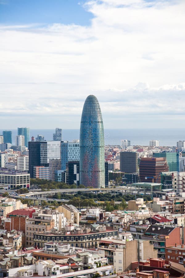 View of Barcelona city with Torre Agbar at the background.