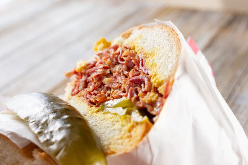 Pastrami sandwich stock photo. Image of fork, still 276742544