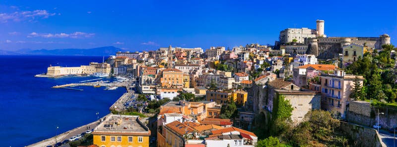 View of beautiful coastal town Gaeta. Landmarks of Italy, Lazio. Panoramic view of Gaeta,houses,castle and sea,Lazio,Italy royalty free stock photos View of beautiful coastal town Gaeta. Landmarks of Italy, Lazio. Panoramic view of Gaeta,houses,castle and sea,Lazio,Italy royalty free stock photos