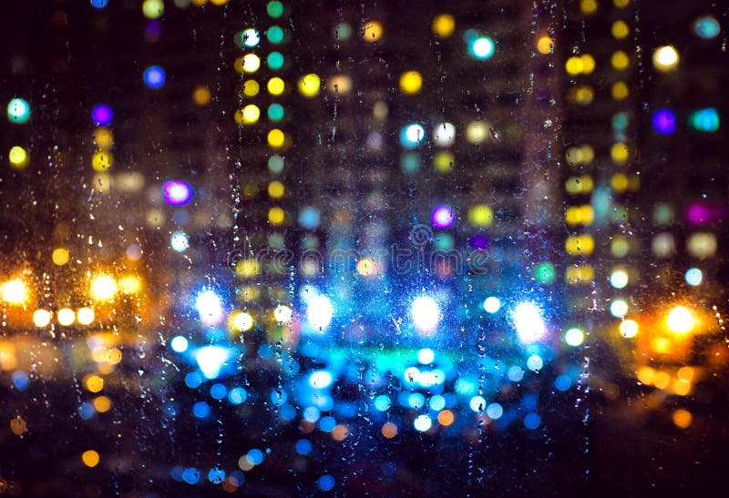 Vibrant blurred city lights through rain-drenched window, sensual neon-tinged stormy intimacy