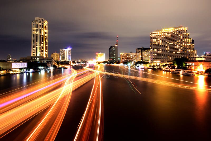 Boat light trails on Chao Phraya river