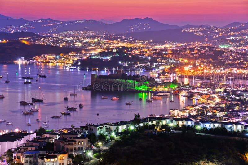 View of Bodrum harbor and Castle of St. Peter by night