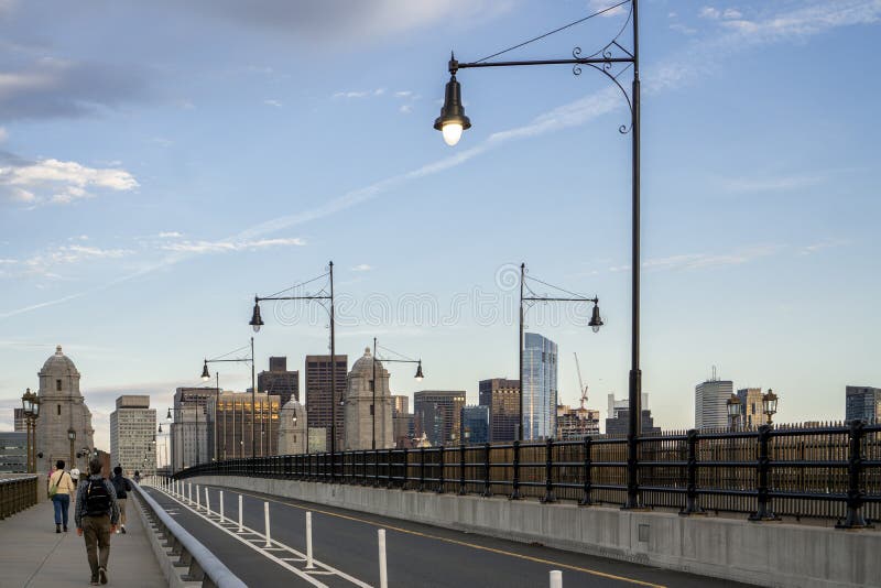 View of Boston skyline and part of street from the Long Fellow bridge on a nice cloudless sky royalty free stock images