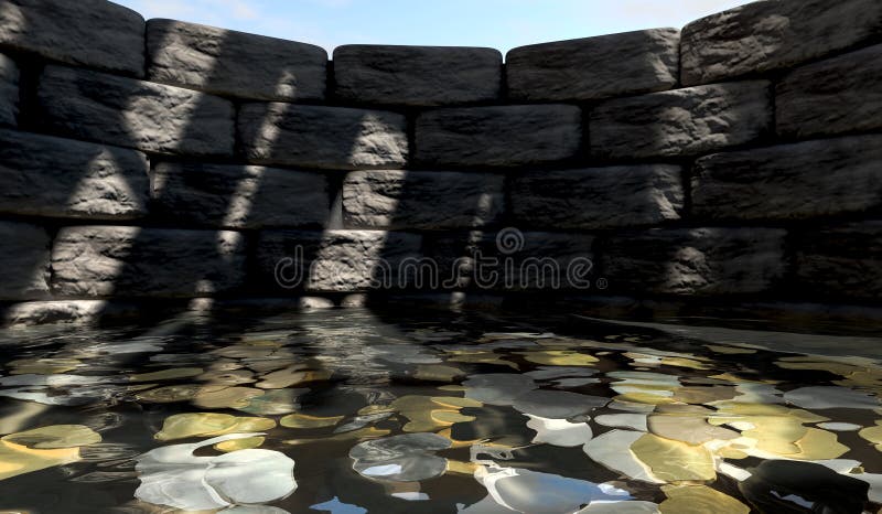 A view from the bottom of a brick wishing well with gold silver and bronze coins at the bottom covered in water. A view from the bottom of a brick wishing well with gold silver and bronze coins at the bottom covered in water