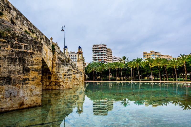 View of the Bridge Pont Del Mar Over Dryed Up Riverbed of Turia River