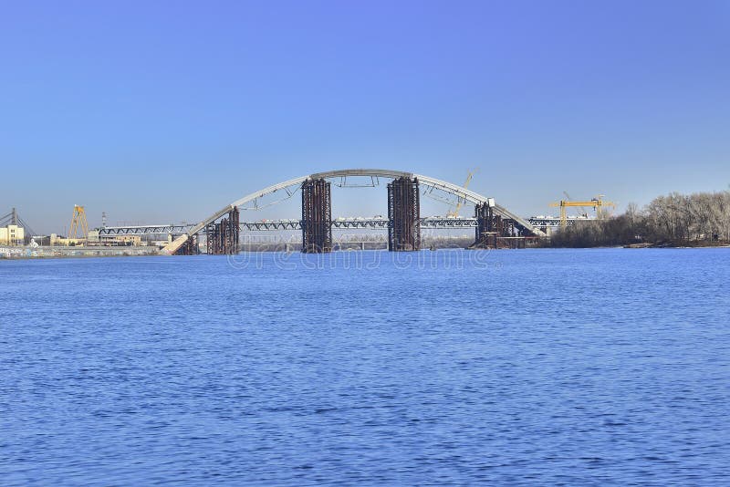 View of the bridge under construction across the Dnieper royalty free stock photo View of the bridge under construction across the Dnieper royalty free stock photo